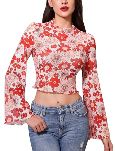 ABEHIK Sexy Durchsichtiges Oberteil Damen Transparentes Party Top Glocke Ärmel Floral Print Rave Outfit Netz T-Shirt für Musikfestival