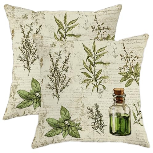 Herbal Pillow Covers Set of 2, Olive Green Botanical Print Throw Pillow Cases, Indoor Decorative Square Farmhouse Cushion Covers for Home Sofa Bed Couch 20x20 Inch