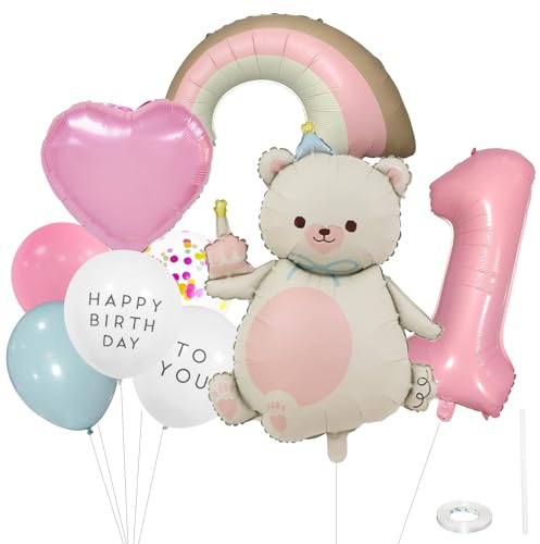 ParPix Bär Luftballon 1. Geburtstag Mädchen Deko, Bären Ballons Geburtstagsdeko 1 Jahr,Regenbogen Ballon Deko 1 Geburtstag,Luftballons Bären Erster Geburtstage,Rosa Geburtstagsdeko Bär 1 Folienballon