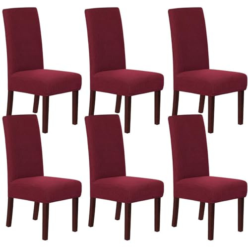 HOMECOVER Stuhlhussen 6er Set, Stretch Jacquard Stuhlbezug Stuhlhussen für Esszimmerstühle Universal Abnehmbarer Stuhlbezug Für Esszimmer Hotel Küche-Weinrot-6er Set