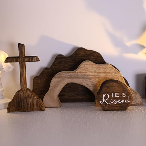 nezababycos Tomba vuota Pasqua Scena e Croce Decorazioni, in legno, Pasqua Resurrezione Presepe Croce Gesù Vassoio a più livelli per cristiani religiosi casa tavolo mensola mensola ufficio fattoria