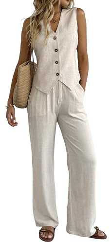 Fakanhui Set da 2 pezzi da donna in lino, giacca estiva, completo da lavoro, con gamba ampia, pantaloni, business, casual, vacanza, set da lavoro, M