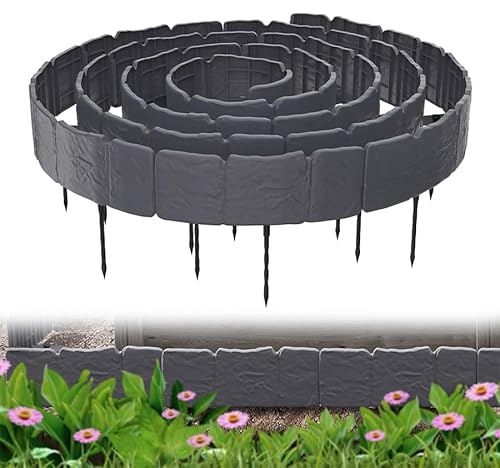 Aufun Lot de 20 bordures de pelouse aspect pierre avec 20 piquets d'ancrage - 5 m - Bordure de parterre en plastique - Palissade de jardin pour parterre de fleurs - Anthracite