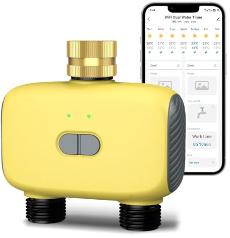 Temporizador de agua WiFi de doble puerto, sistema de riego automático con control remoto WiFi compatible con Alexa y Google, con control remoto y de voz para riego de jardín, césped, huerto (amarillo