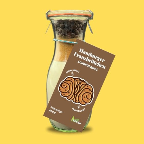 Hamburger Franzbrötchen Backmischung mit Fairafric Schokodrops im Glas, vegan mit nachhaltigen und regionalen Zutaten
