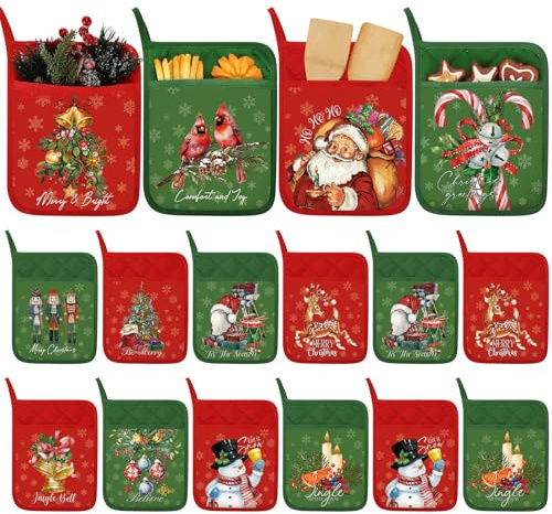 Leinuosen 12 presine natalizie con tasca, in stile retrò, per cucina, guanti da forno invernali, guanti da forno, sacchetti per biscotti, rossi e verdi, resistenti al calore, guanti da forno in