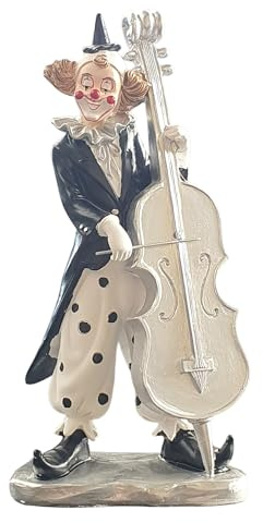 Oberle Clown Harlekin Figur mit Kontrabass, Karnevalsdeko, Polyresin, 24 cm, Weiß-Schwarz, Sammlerfigur - 30094