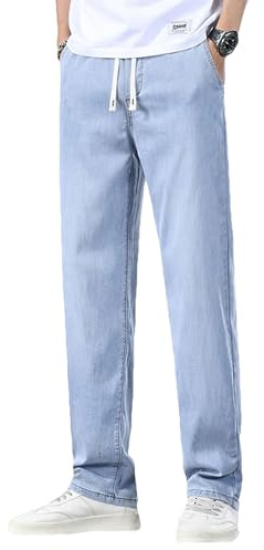 Jamron Uomo Jeans Estivi Leggeri e Sottili in Lyocell Pantaloni Denim Jeans a Gamba Dritta con Elastico in Vita e Coulisse Azzurro XL