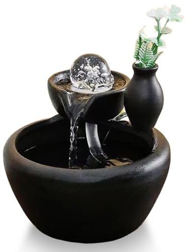 Automatic Indoor Tabletop Water Fountain with Crystal Ball and Mini Vase, Self‑Circulating Ceramic Desktop Waterfall for Office, Home & Gifts.