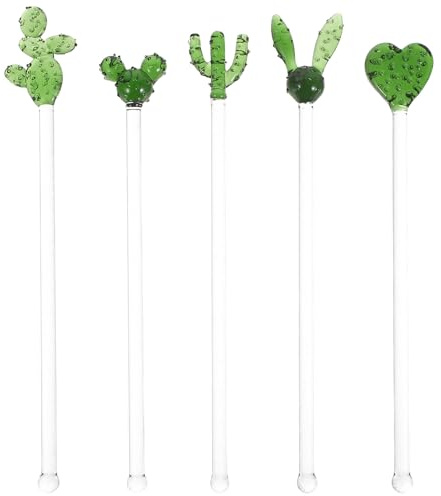 Angoily 5pcs Reusable Glass Stir Sticks for Drinks - Japanese Cactus Mixing Rods - Swizzle Stirrers for Cocktail Parties, Jam, Honey & Beverage Mixing