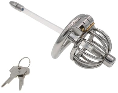 Hollow Out Metal Penis Cage,Stainless Steel Short Chastity Lock, Male Chastity Device,Locked Penis to Prevent Erection Bondage Breathable, for Men Sex Toys Adult Game(50mm，with Silicone Tubing)