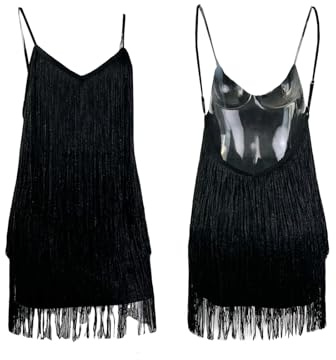 Generiska paljetter för kvinnor klänning glitter damer fest, spagettiremmar miniklänning v-ringad paljettklänning glitter paljetter fransklänning sexig halterneck klänning, svart, XL