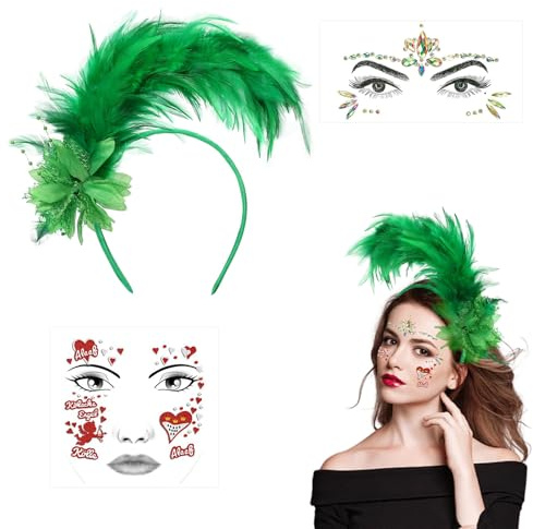 Feder Haarschmuck Haarreif Gesichtsaufkleber Augenaufkleber,1920er Fascinator Kopfschmuck für Damen, Feder 20er Jahre Stirnband mit Künstlichen Blumen für Karneval Cocktail Hochzeit Tee-Party (Grün)