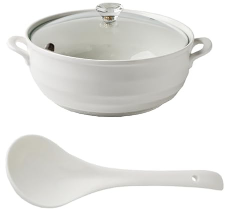 Zuppiera In Ceramica Con Coperchio In Vetro Da Portata In Porcellana Bianca Zuppiera Da Portata In Porcellana For Ristorante Decorazione Cucina Domestica Adatta Al Microonde(With spoon hole 1qt)
