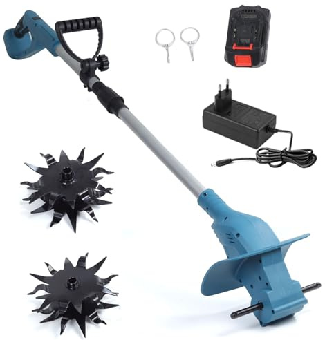 Marhynchus Coltivatore Elettrico Pieghevole, Motozappa Elettrica Al Litio con Impugnatura Ergonomica, velocità 330 Giri/min, Ideale per il Giardinaggio e la Cura del Prato (1 Batteria - Doppia lama