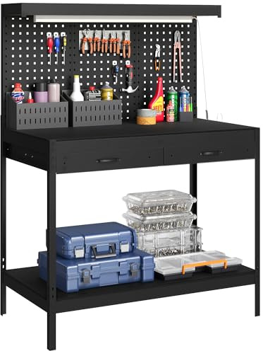 HOMCOM Workbench with Pegboard, Heavy-Duty Work Bench with 2 Drawers and Adjustable Shelf, Workstation for Garage Workshop Warehouse, 272 kg Load Capacity, 110 x 60 x 150 cm, Black