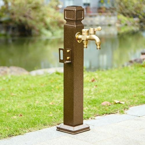 Columna De Agua Cuadrada De Jardín, Poste Para Fuente De Agua Con Soporte Para Manguera, Poste Del Grifo Grifo De Agua Montado En El, Grifo De Doble Salida(Brown,60cm/23.6in)