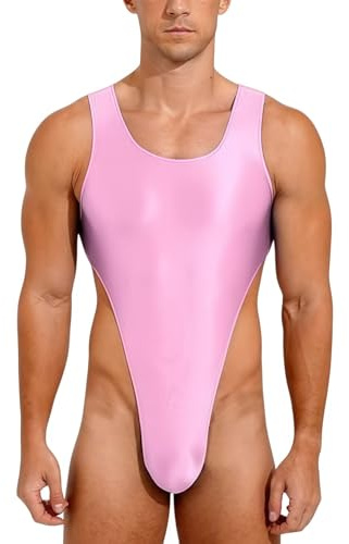 Body brillante para hombre, sin mangas, con cuello en U, corte de pierna alta, diseño de cuerdas, body de gimnasia con elástico, escote profundo en la espalda, acabado brillante, una pieza que realza