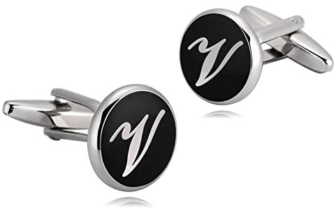 Whoiy Manschettenknopf Initialen V, Manschettenknöpfe Men Edelstahl Schwarz Weiss Hochzeit Manschettenknöpfe für Männer Kostenlose Gravur mit Schmuck Box
