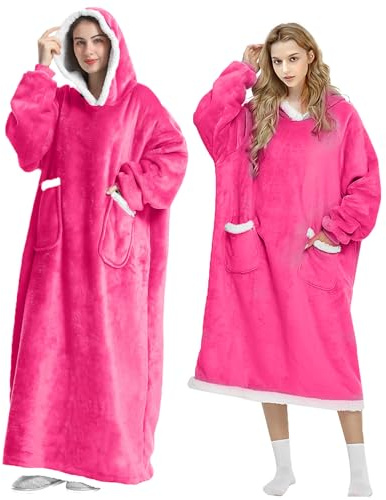 FEELJAM Coperta con maniche donna Coperta con cappuccio da uomo Coperta accogliente con maniche Per coperta TV per adulti (colore rosa acceso, 150 di lunghezza)