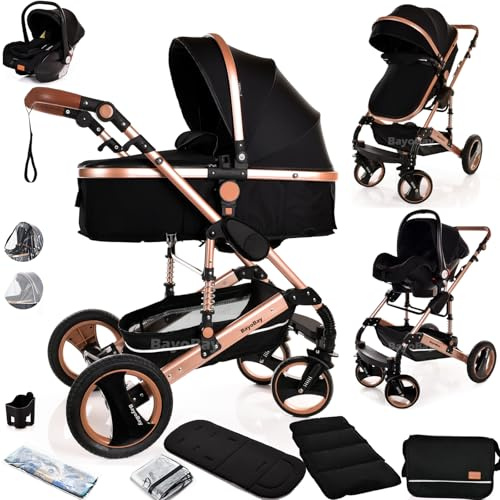 Baby Stroller 3 in 1 Pram Pushchair Buggy Child Lightweight Folding Stroller 3 in 1 Travel System Pram for Newborns Toddlers from Birth Aluminium NEW Upgraded 2025 Style (Black - Rose Gold Frame)