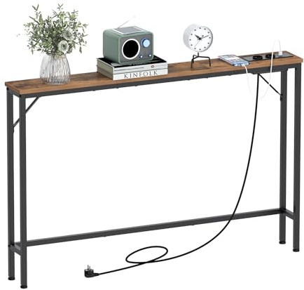 VEDECASA Tavolo da consolle rustico con stazione di ricarica e porte USB Shinny, tavolo d'ingresso stretto con 2 uscite e 2 porte USB, per corridoio, soggiorno, vintage, marrone, VE0052 SCHMALER