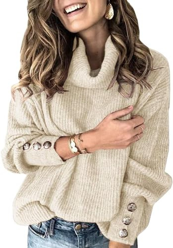 Wenrine - Maglione da donna, a collo alto, oversize, invernale, a maniche lunghe, lavorato a maglia, casual, caldo, con bottoni metallici, beige., M