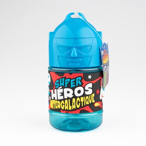 SUPER GOURDE Personalised Kids Water Bottle with Straw - Intergalactic Superhero Blue