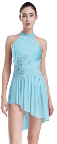 Freebily Abito da Pattinaggio Artistico Donna Strass Leotards Vestito Danza Classica Moderna Collo Halter Body da Ginnastica Costume da Ballo Latino Lirico Dancewear Azzurro S