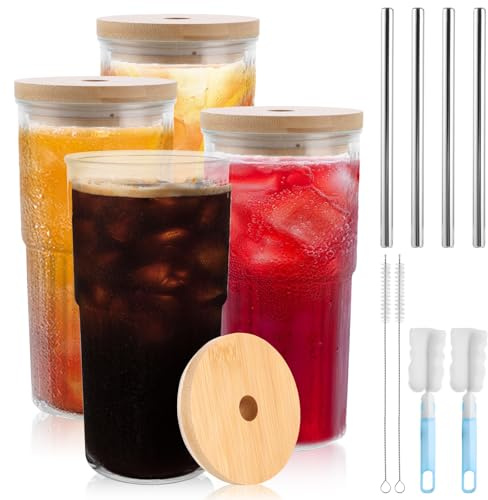 LDHHYH 4 Stück 700ml/22oz Glasbecher mit Deckel und Strohhalm, Eiskaffeebecher, Bubble Tea Becher, Gerippte Glasbecher, Transparente Gestreifte Glas Wasserbecher, Eiskaffee Gläser
