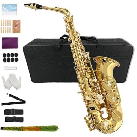 Yinfente Eb flaches Saxophon mit 10 Blättern, 8 Pads, Hartschalenkoffer und mehr, für Studenten, Anfänger, Erwachsene, Altsaxophon, Saxophon-Set, (goldfarben)