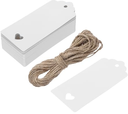 QUARKZMAN 50 stycken presentetiketter vita etiketter gåva hänge etiketter, rektangulär med hjärtformade hål kort med 10 meter jutesnöre för presentförpackning jul