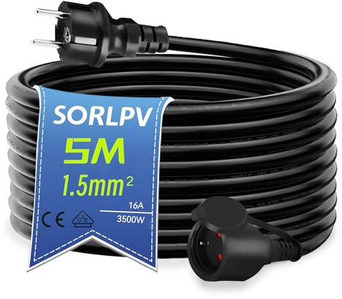 Sorlpv Verlängerungskabel Außen 5M, H05RR-F 3G1,5mm² Gummi Verlängerung Stromkabel Schwarz mit Schuko Steckdose inkl. Schutzkappe, IP44 Outdoor Verlängerungskabel 250V, 16A, 3500W
