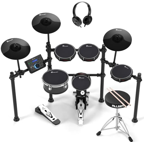 ALLSET 700 Professional Electric Drum Sets with Mude Mesh Drum Pads, 10 Dual Zone Snare, 30 Kits & 600+ BFD Sounds, 2 Pedals, Throne & Headphones, Drumsticks | Melodics Lessons (Black)