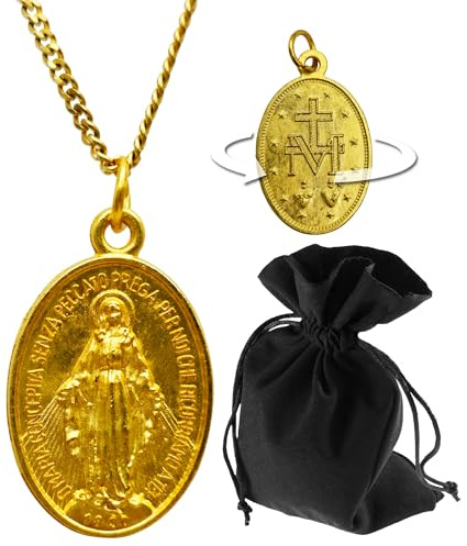 Lunexus Jungfru Maria medalj – välsignad – guldfärgat hänge med kors baksida – katolskt smycke med italiensk gravyr – 60 cm kedja av rostfritt stål – present till dop nattvardsgång firande, Anhänger 3