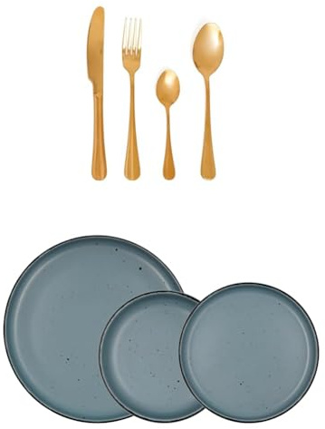 Lote de Quid Celebrat Set De 24 Cubiertos Oro, Acero Inoxidable + QUID MARINA - Vajilla Ceramica 12 Piezas -4 Personas
