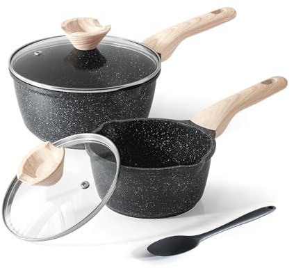 Kordisen Cacerolas con tapa, de 16 cm y 20 cm, con revestimiento de granito, doble boquilla para verter, fáciles de limpiar, aptas para cocinas de inducción - Ideales para cocinas pequeñas (Negro)