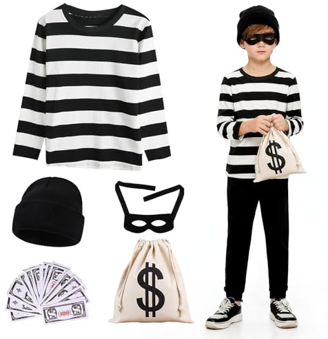 Xerteam Costume de voleur de banque pour enfant - Avec haut rayé, bonnet en tricot, masque, sac à monnaie, billets de banque - Costume de carnaval pour cosplay, Halloween, carnaval