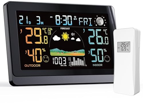 2025 Versionen 7,5 Zoll Wetterstation funk mit Außensensor VA-Display Kabellos DCF Funkuhr Wetter station mit Farbdisplay Empfangssignal Funkuhr Innen und Außentemperatur mit DC Netzteil Schwarz