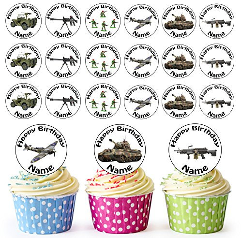AK Giftshop Army Mix 24 Personalised Edible Cupcake Toppers/Birthday Cake Decorations - Easy Precut Circles
