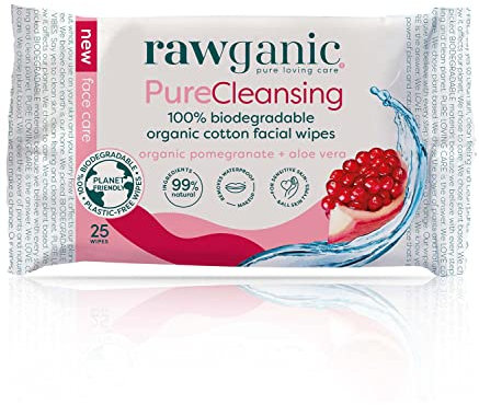 RAWGANIC Pure Cleansing Anti-aging Facial Wipes with Pomegranate and Aloe Vera | Gentle Hydrating Biodegradable Makeup Removal Wipes | Organic Cotton Face Wipes | 1 Pack (25 wipes in total)