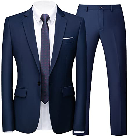 UNINUKOO Mens Suit Slim Fit 1 Button 2 Piece Wedding Party Holiday Solid Color Tux Suits for Men US Size 32 Navy