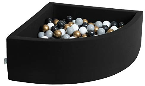 KiddyMoon Viertel Eckig Bällebad Bällepool 90X30cm/200 Bälle ∅ 7Cm Ballgruben Für Babys Spielbad Kleinkinder, Hergestellt In Der EU, Schwarz:Weiß/Grau/Schwarz/Gold
