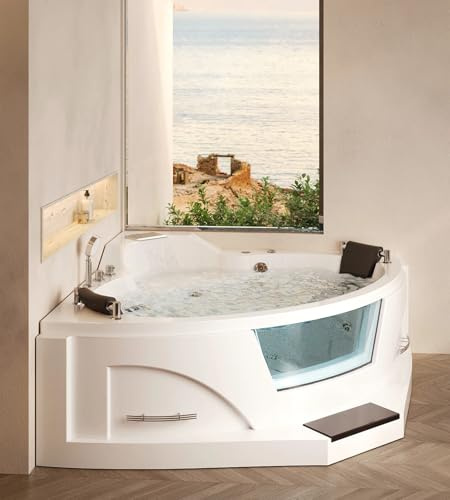 ARIEL 61 Trapezoid Whirlpool Bathtub with 14 Hydro Jets, Two-Person Corner Tub with Water and Air Bubble Jets, Pneumatic Controls, Anti-Scald Faucet, Waterfall & Chrome Fixtures