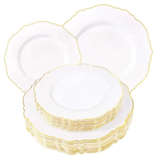 WDF 60pcs White and Gold Plastic Plates - Baroque White With Gold of 30 Heavy Duty Gold dinner plates 10.25inch, 30 Salad Plates 7.5inch Perfect for Wedding Baby Shower Spring
