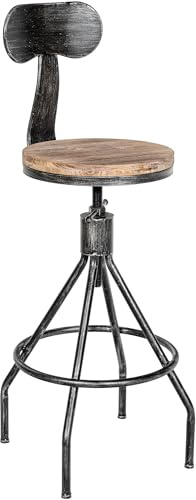 CLP Barhocker Hanam im Industrial-Look I Höhenverstellbarer Barhocker mit Holzsitz und Rückenlehne I Metallhocker mit Fußablage | Farbe antik Silber