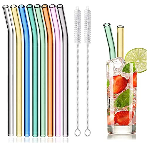8 Pcs Reusable Glass Straws, 8x8mm Eco-friendly Drinking Straws for Smoothies, Milkshakes, Tea, Juice, Cocktails - Multi-Color Mixed (8Pcs Bent)