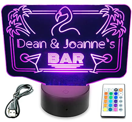 Personalised LED Neon Cocktail Flamingo Bar Sign Night Light Eighties. 16 Colour Remote Control