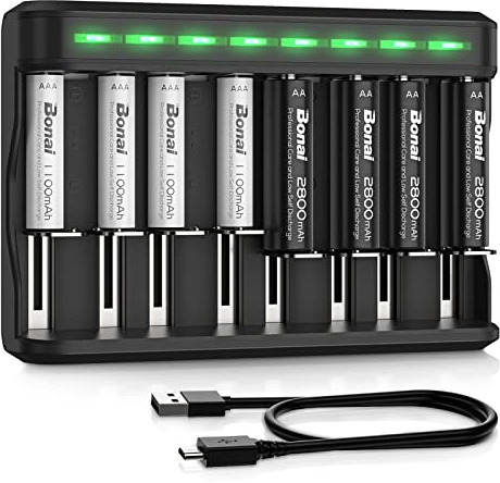 BONAI AA AAA Rechargeable Batteries Charger Set, 4 Pack 2800mAh AA and 4 Pack 1100mAh AAA NiMH Batteries with Smart Universal Battery Charger