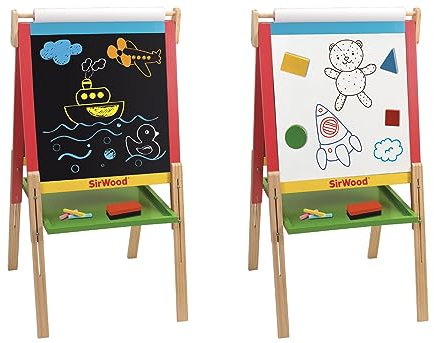 SirWood 40569 3-in-1 Holztafel: normal, magnetisch und Papierrollen Höhe verstellbar, inklusive Schreibwaren, Mehrfarbig, M